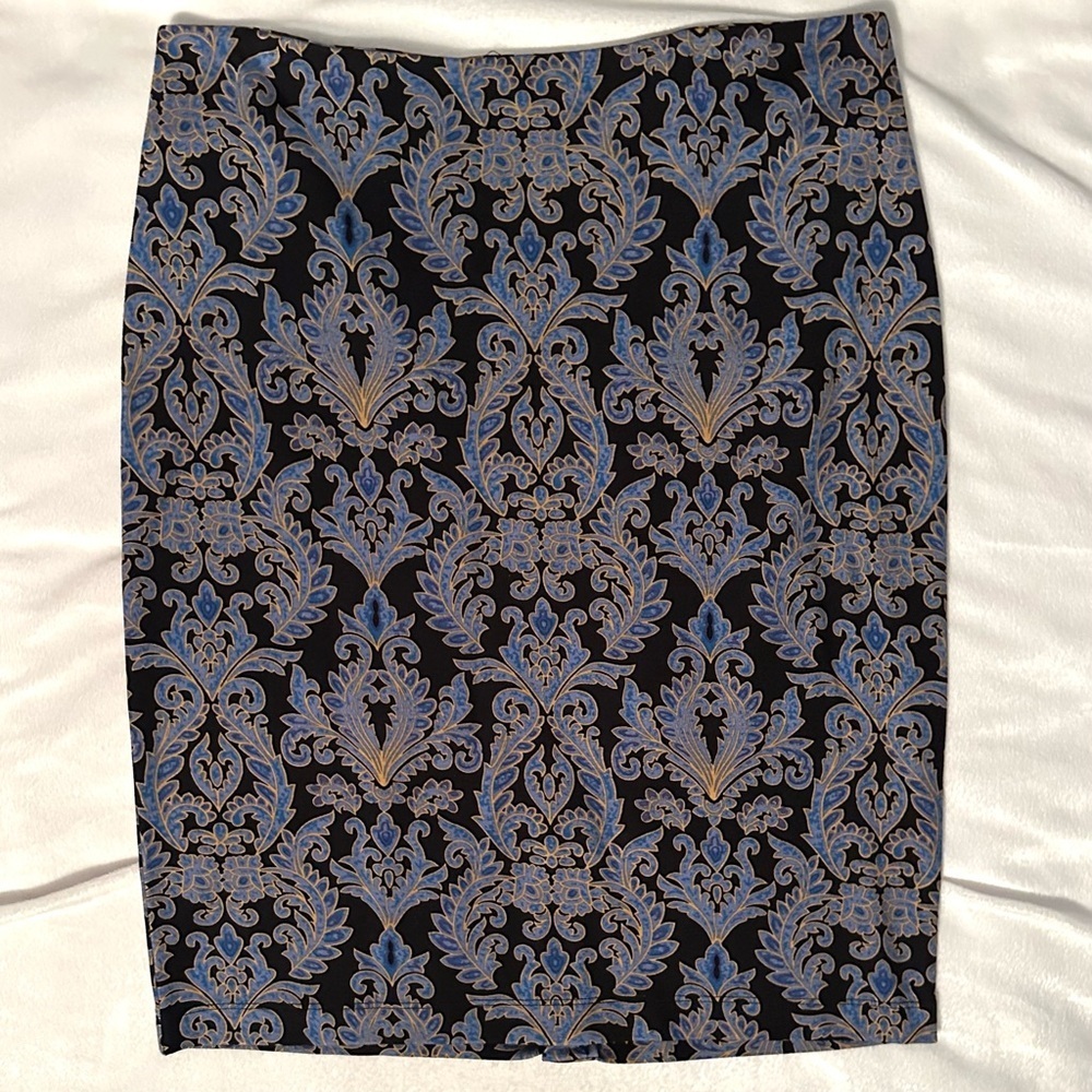 J. McLAUGHLIN Paisley Pencil Skirt Women's 0 Blue Black Fitted Stretch